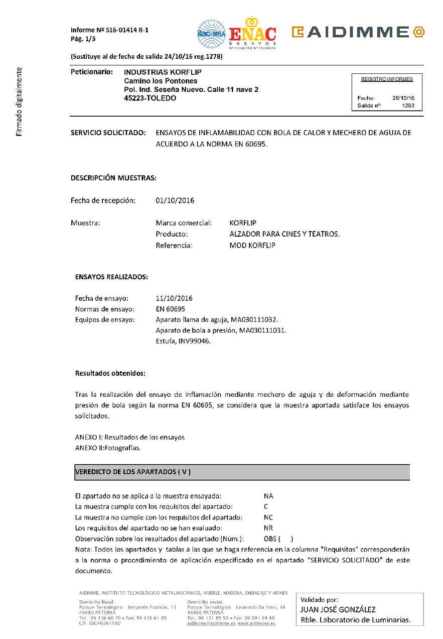 Certificado ignífugo - Alzadores infantiles para butacas Korflip Certificado ignífugo - Alzadores infantiles para butacas Korflip